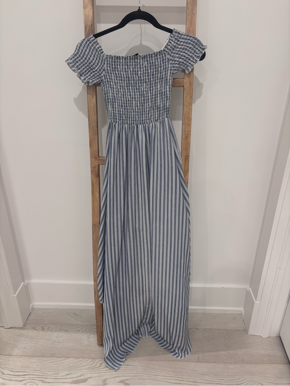 Show Me Your MuMu Blue and White Striped Off-Shoulder Maxi Dress